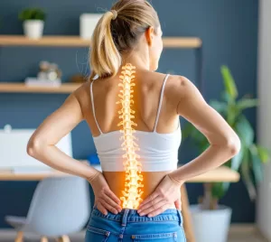 woman with back pain and spinal column image superimposed over her body