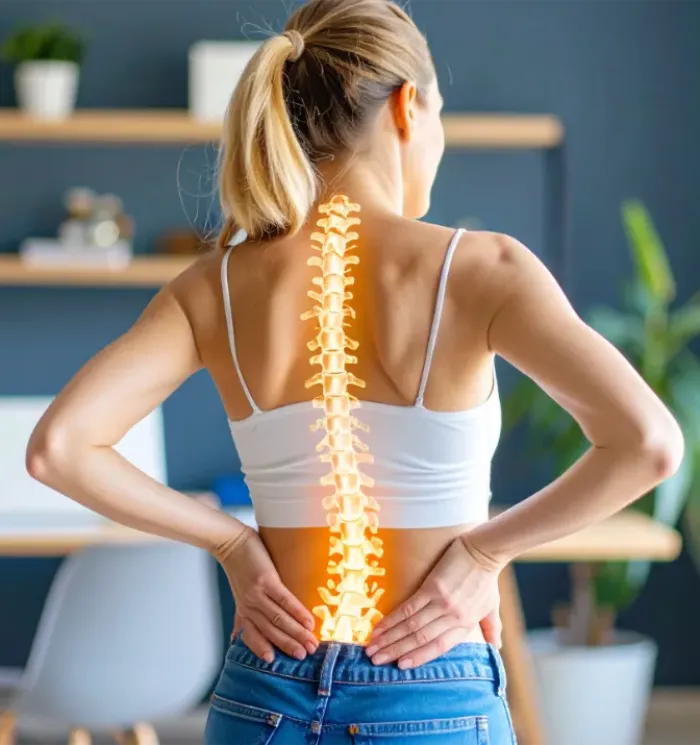 woman with back pain and spinal column image superimposed over her body