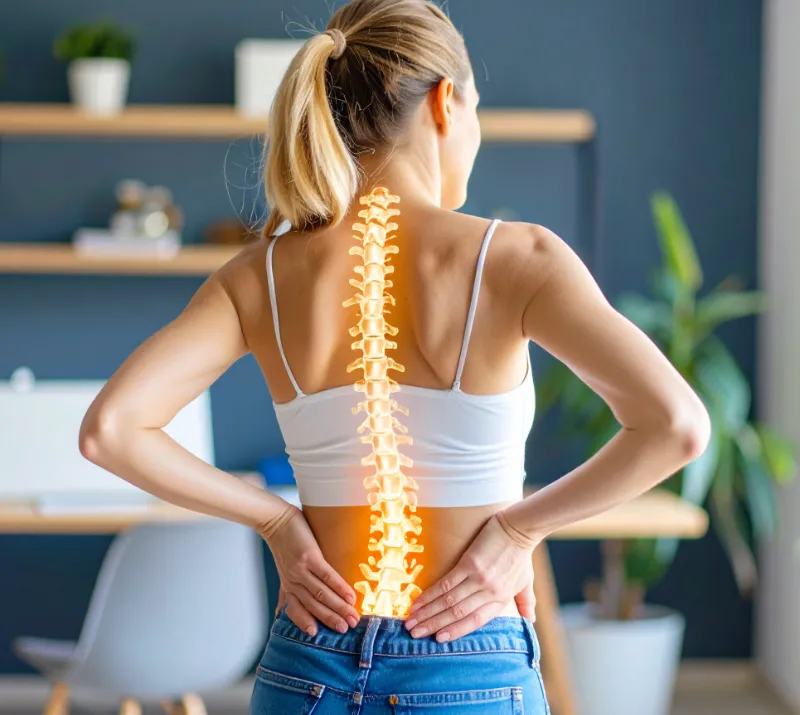 woman with back pain and spinal column image superimposed over her body